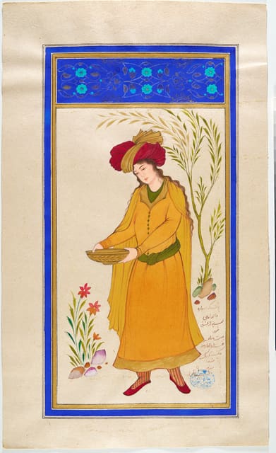 Persische Miniatur einer stehenden Figur in Ocker mit Schale, blauer Rahmung und Pflanzenmotiven.