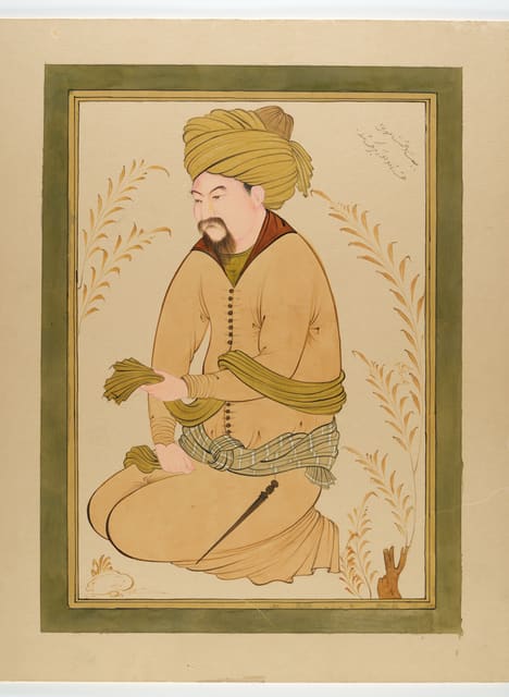 Persische Miniatur eines sitzenden Mannes mit Turban in warmen Beige- und Grüntönen.