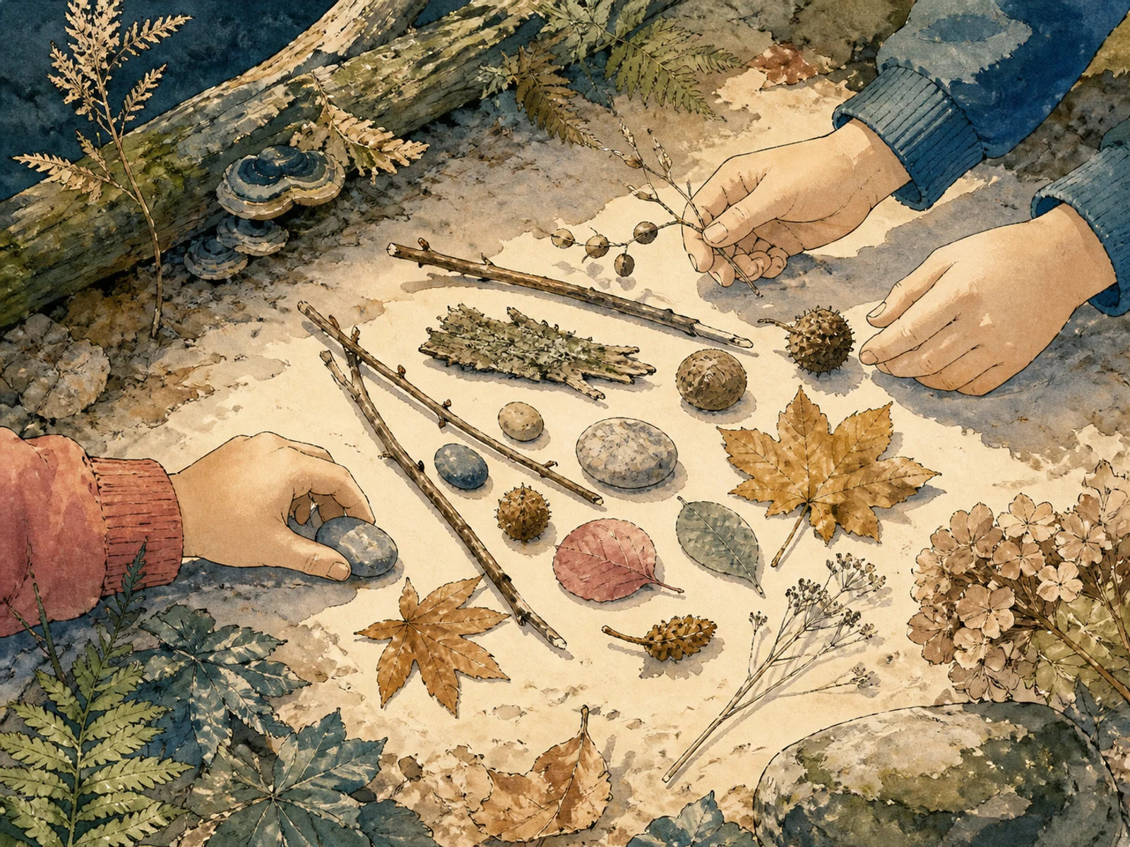 Illustration: Hände ordnen Zweige, Steine, Samen und Blätter auf hellem Papier.