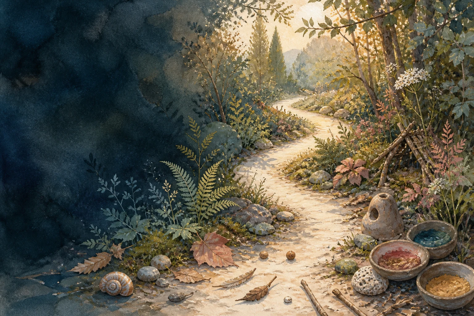 Aquarell eines hellen Waldwegs, gesäumt von Blättern, Steinen, Naturmaterialien, einem kleinen Zweighaus und Schalen mit Erdfarben.