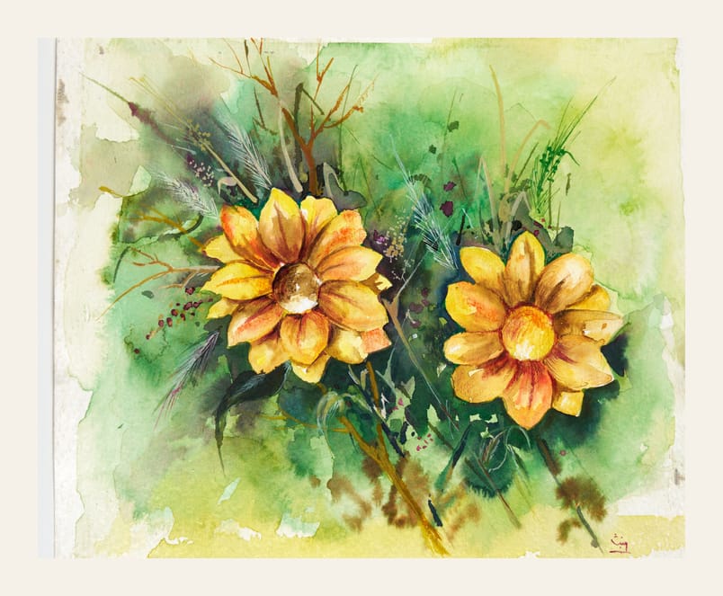 Zwei gelbe Sonnenblumen in einer locker gemalten grünblauen Umgebung.